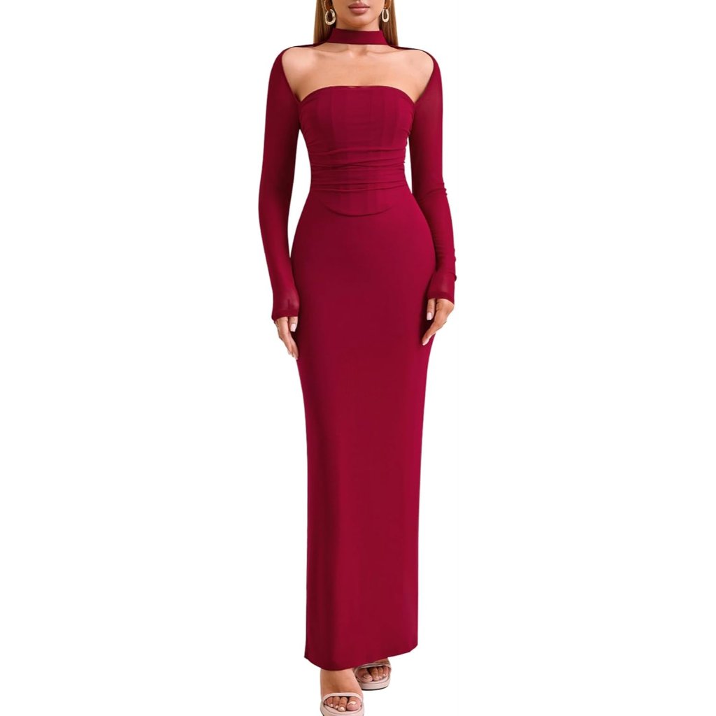 Women Long Sleeve Bodycon Maxi Dress Halter Neck Ruched Elegant Wedding Guest Fo